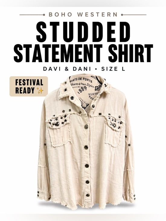Davi&Dani Tops - Davi & Dani Studded Button Down Shirt Large | Boho Western Raw Hem Oversized